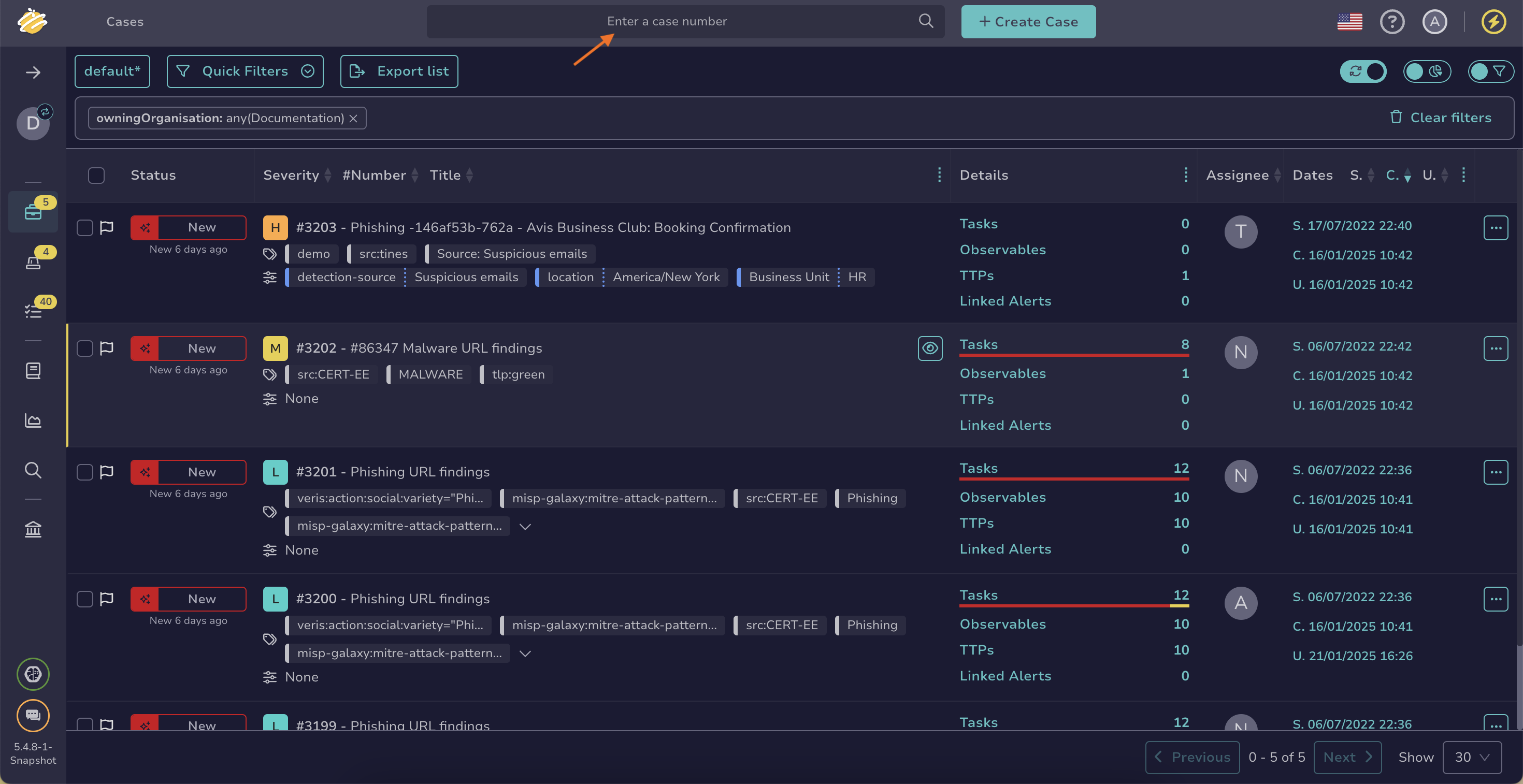 Enter a case number search box