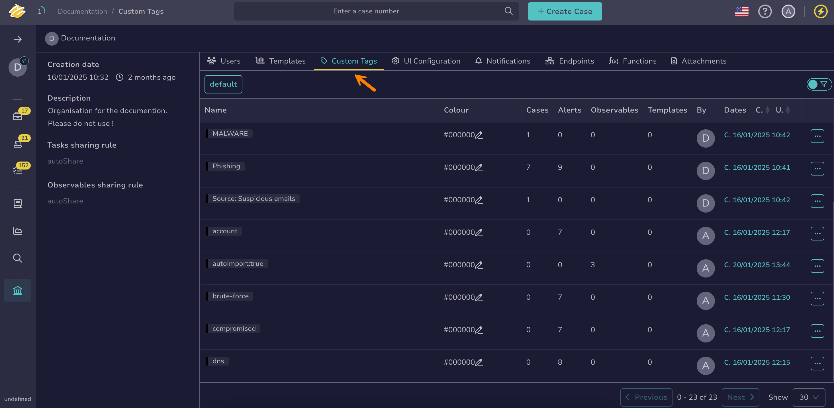 Custom tags tab